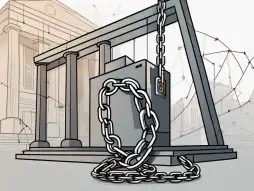 A digital bank on a computer screen with a broken chain symbolizing credit restriction