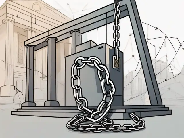 A digital bank on a computer screen with a broken chain symbolizing credit restriction