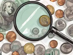 A magnifying glass hovering over a variety of coins and banknotes