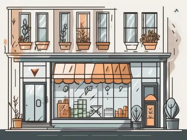 A small business storefront with various symbols of benefits around it like a tax shield