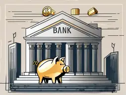 A sophisticated bank building with symbols of investment like a gold bar
