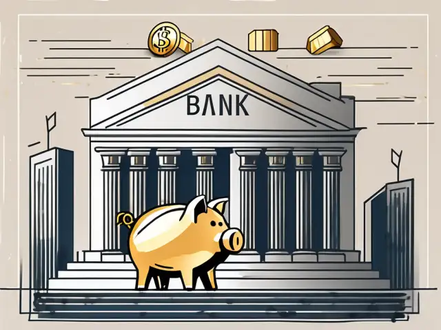 A sophisticated bank building with symbols of investment like a gold bar